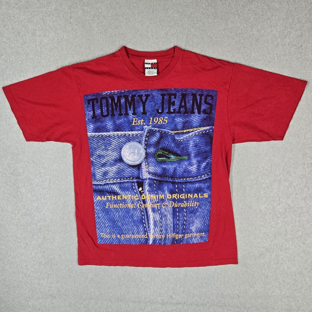 VINTAGE Tommy Jeans Men Shirt M Red Made in USA Denim Graphic Short Sleeve READ